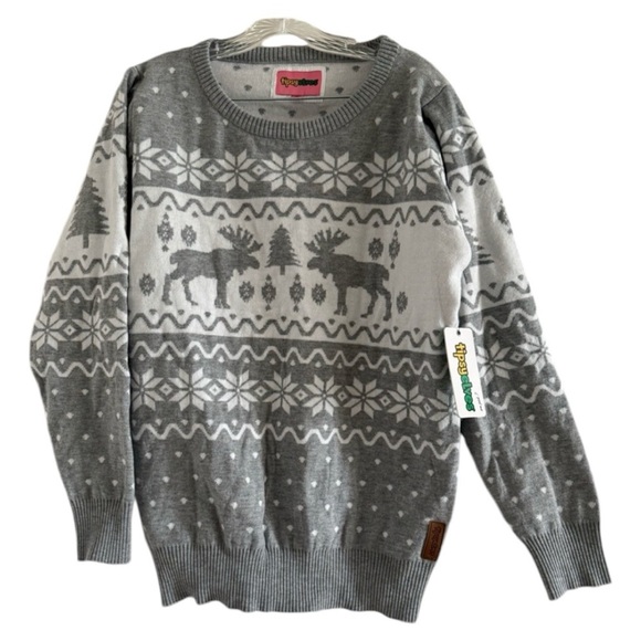 TIPSY ELVES (NWT) Men’s Gray White Classic Moose Holiday Sweater-Size Large - Picture 1 of 8